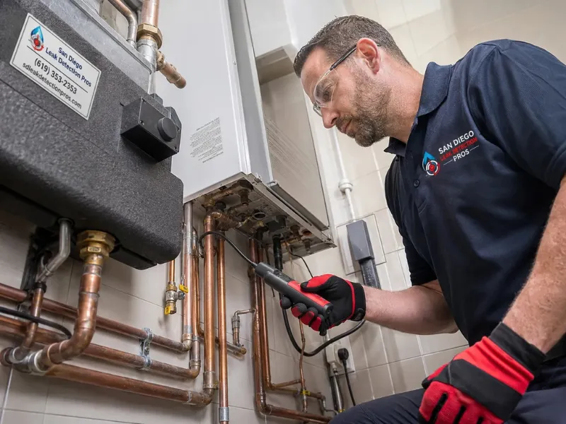 Leak detection technician inspecting a San Diego home